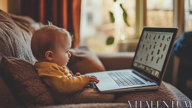Infant using laptop on sofa under warm natural window light