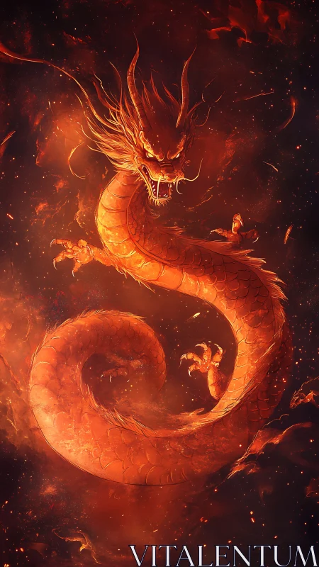 Fiery serpentine dragon coils through glowing ember clouds