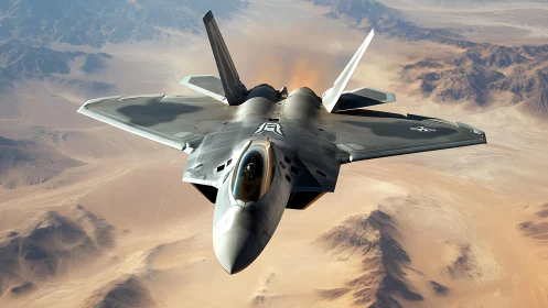Stealth jet streaks over sunlit desert ridges in motion.