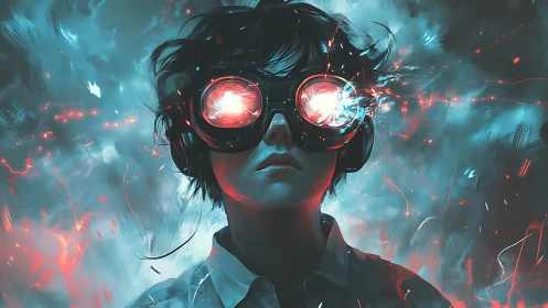 Cyberpunk youth with glowing goggles amid sparks.