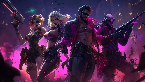 Neon outlaw squad stalking the night with fierce style.