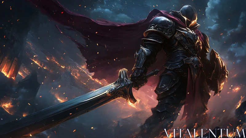 Midnight warlord strides through ember‑lit ruin, unbroken.