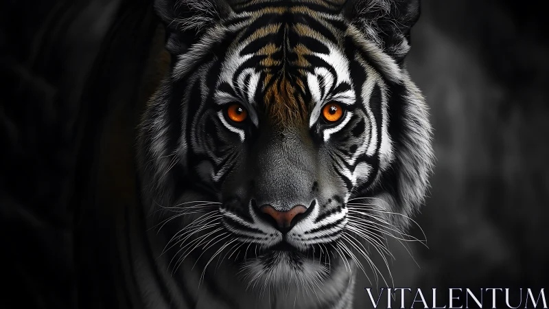 Tiger portrait with luminous amber eyes on dark vignette.