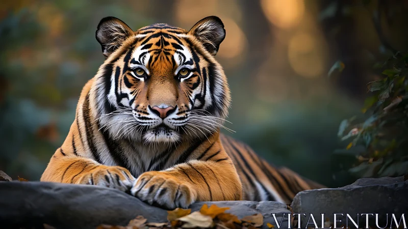 Regal tiger rests on stone ledge under warm forest light.