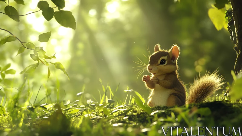 Adorable Cartoon Chipmunk in Sunlit Forest with Soft Lighting.