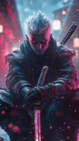 Cybernetic katana warrior in neon-lit snowfall alleyway