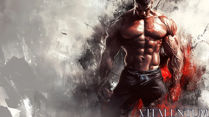 Muscular warrior emerges from abstract smoke and blood storm