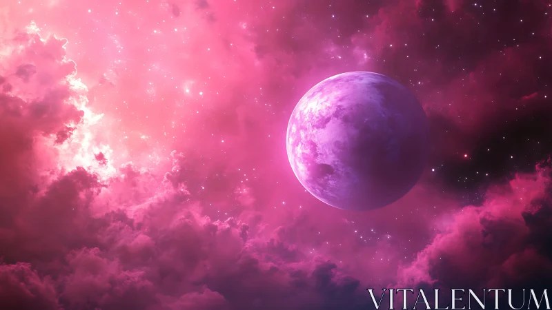 Luminous pink planet drifts through glowing nebula clouds