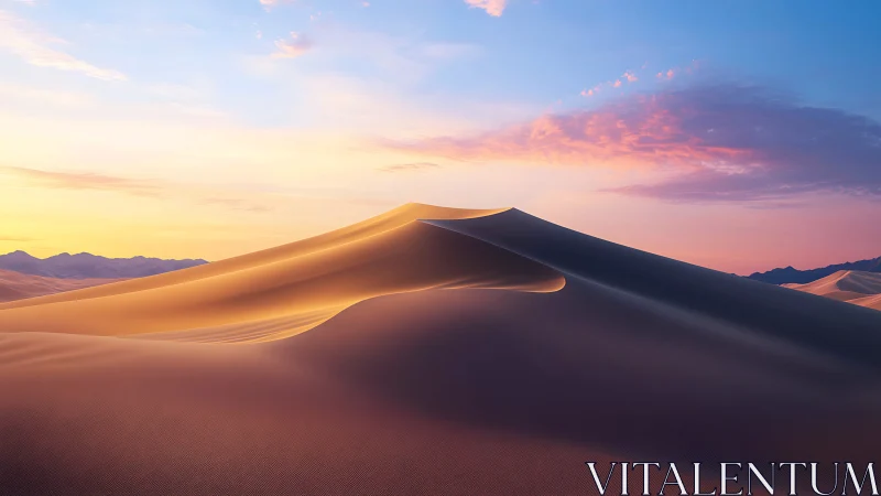 Sunlit desert dune crest glows under soft pastel sunrise