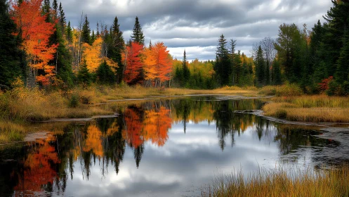 Autumn river mirror holds stormy skies and ember-bright trees.