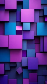 Layered violet and blue 3D cubes form geometric abstract wall