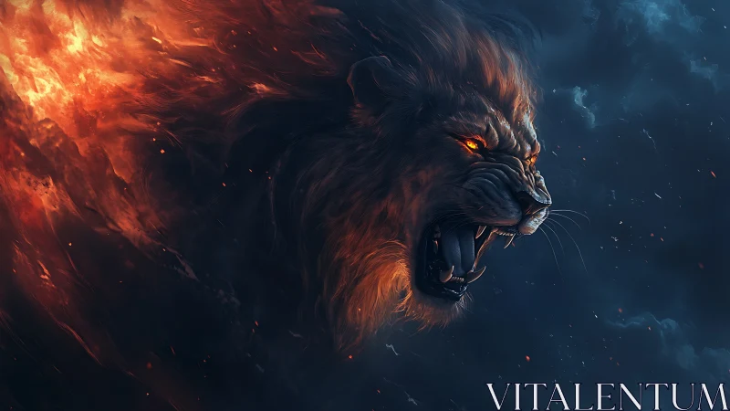 Flaming spectral lion roars through storm-darkened sky