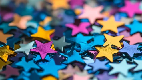 Metallic star confetti pieces arranged in shallow focus