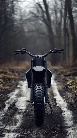Off-road motorcycle stands centered on a wet forest track