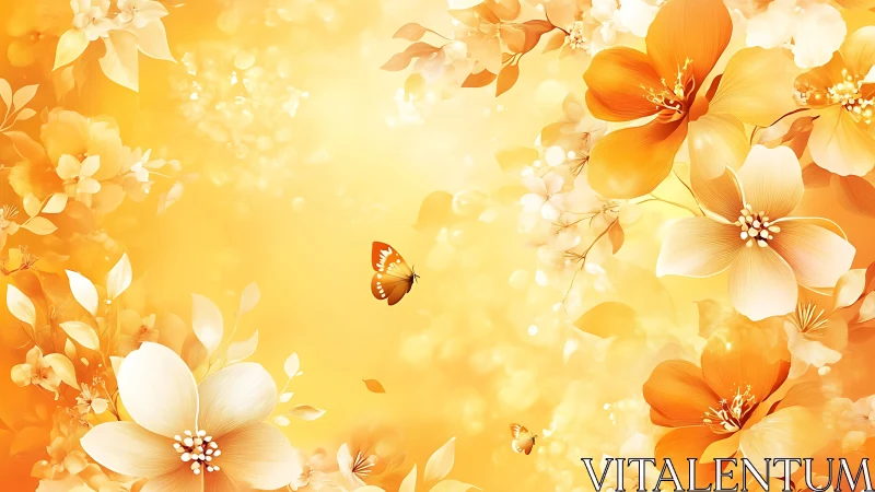 Digital composition displays warm-toned floral elements with butterflies