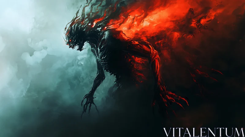 Fiery shadow creature strides through swirling smoke and flame