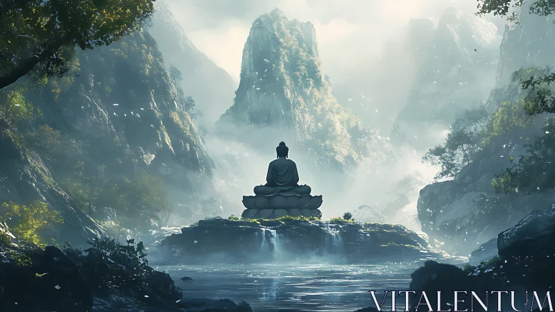 Meditating Buddha overlooks misty zen valley river.