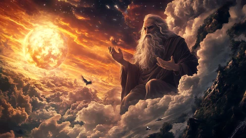 Cosmic elder conducts sunsets across burning cloud oceans