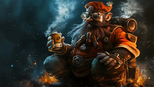 Steampunk dwarf explorer savors coffee in glowing nebula