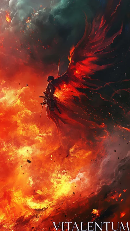 Digital painting of winged warrior ascending through inferno.