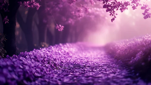 Dreamy violet forest path wrapped in soft morning light.