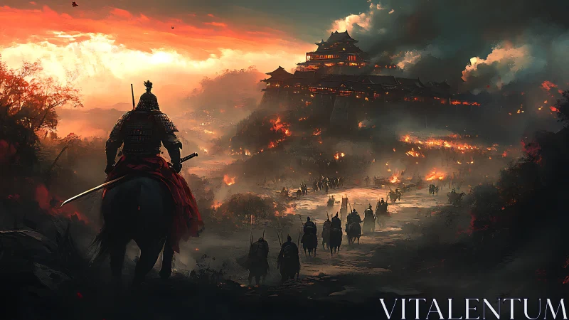 Lone samurai on horseback approaches a burning hill fortress.