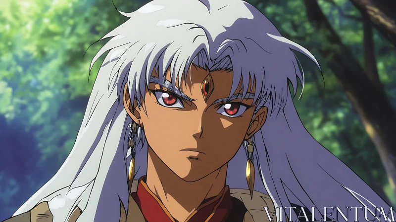 Silver-haired anime warrior gazes forward in forest light.