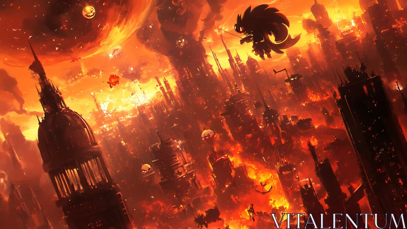 Apocalyptic inferno skyline with silhouetted combatant avatar.