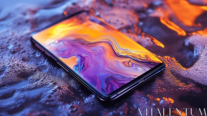 Neon tide smartphone adrift in glowing liquid dreamscape.