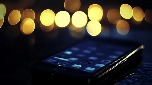 Smartphone Display Illuminated Against Warm Bokeh Background Lights