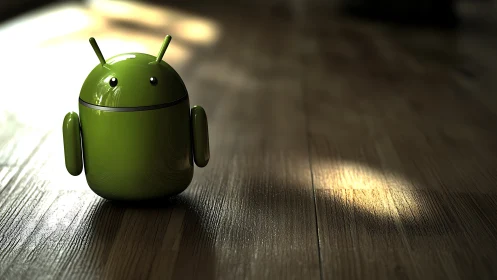 Green android robot model stands on reflective wooden floor