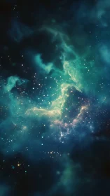 Vertical digital rendering depicts stylized teal nebula field