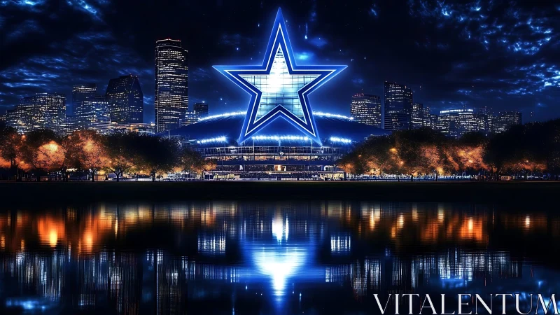 Glowing blue star crowns a lively night city waterfront