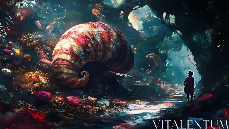 Giant spiral shell in luminous fantasy forest path.
