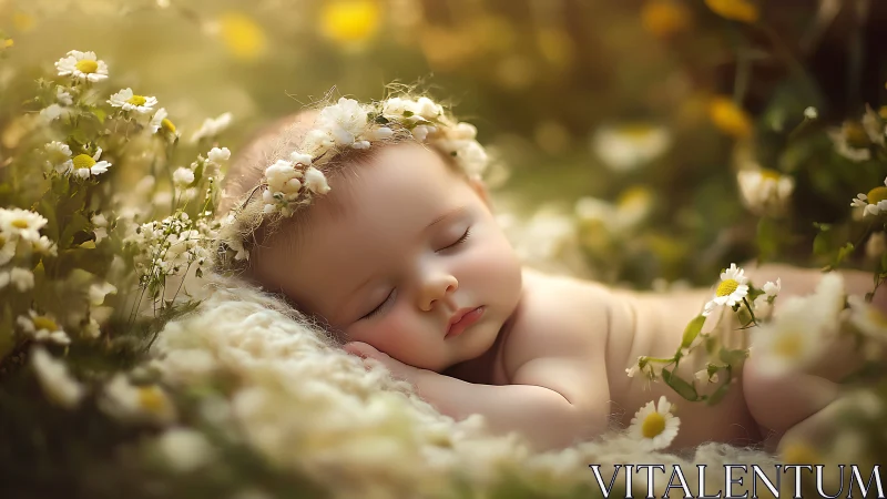 Sleeping Infant Among Daisies in Garden Sunlight.