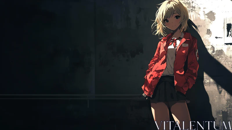 Blonde girl in red jacket leans in harsh urban sunlight.