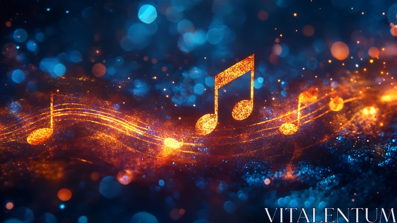 Glowing musical notes flow through vibrant abstract bokeh field