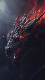 Smoldering fire dragon rises from shadow with glowing fury