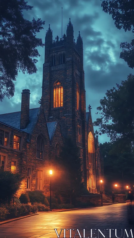 Gothic stone tower and walkway under evening street lighting.