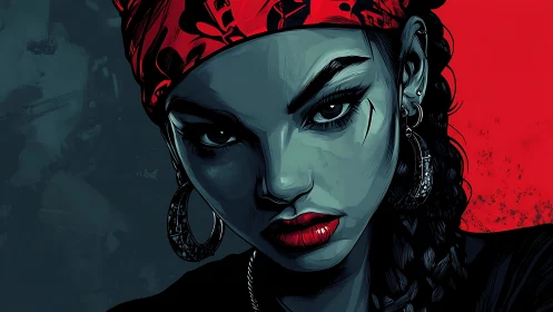 Defiant woman with red bandana stares into harsh split light