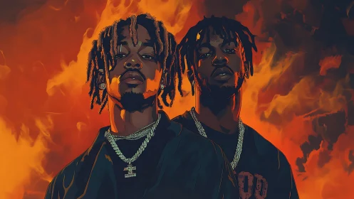 Two hip hop figures stand before blazing orange fire
