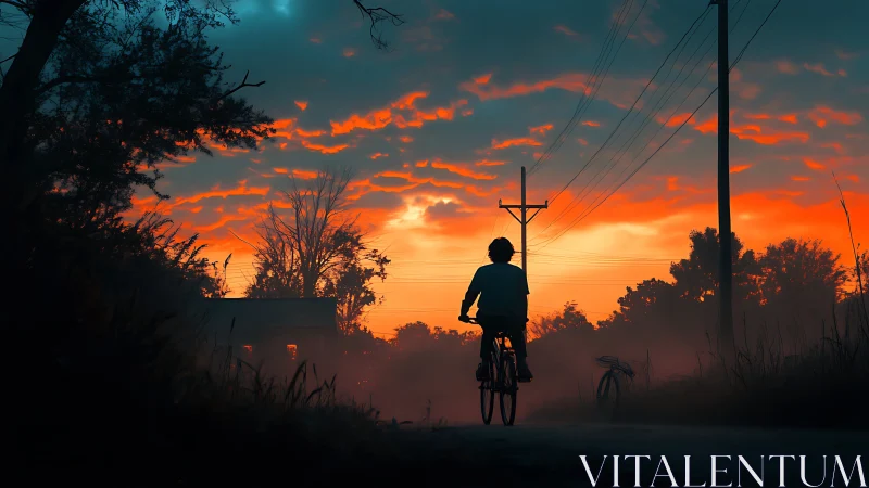 Solitary Cyclist Pedals Through Molten Sunset Haze.