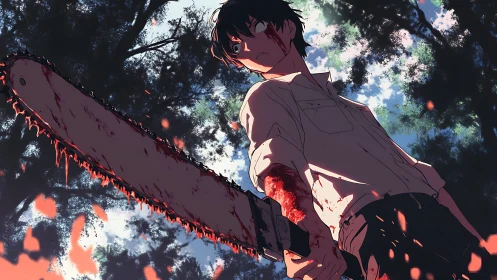 Bloodstained youth holding chainsaw in wooded setting.