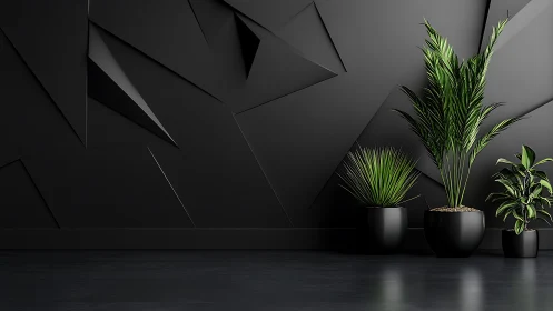 Minimalist black interior with geometric wall and plants.