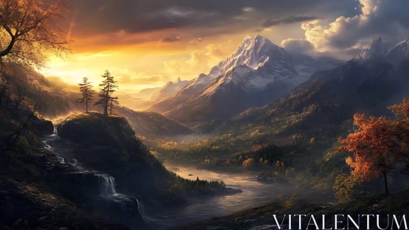 Sunset river carves silver paths below ember-tipped peaks