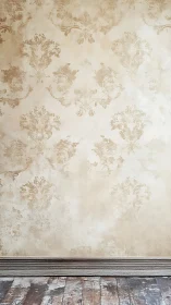 Vintage damask wall with distressed wooden floorboards.