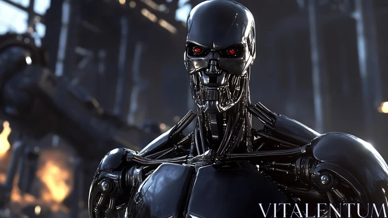 Chrome combat android stares forward in ruined factory