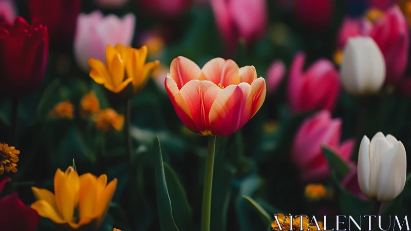 Vibrant Tulip Garden Blooms in Spring Color.