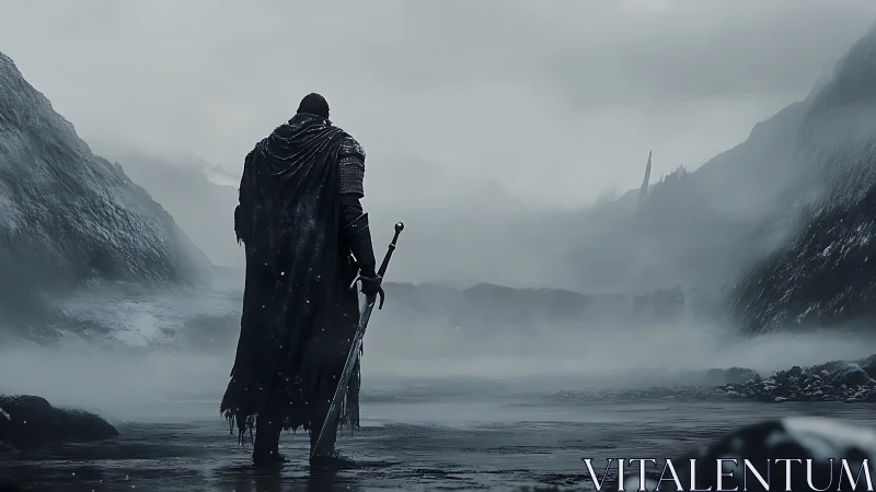 Solitary armored figure in misty, mountainous wasteland.