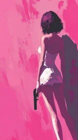 Back view of woman with handgun against pink wall.
